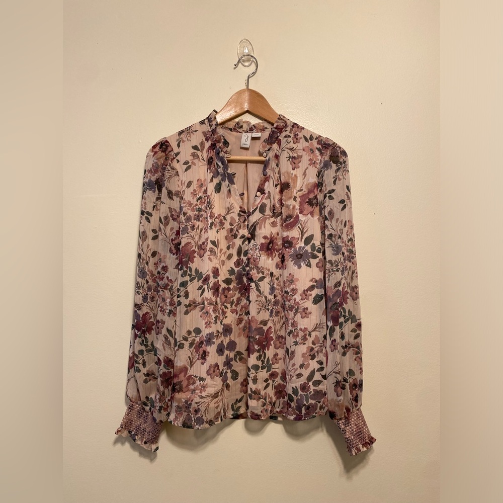 Joie Floral Sheer Ruffle V-Neck Blouse - Pink Multi. Size S